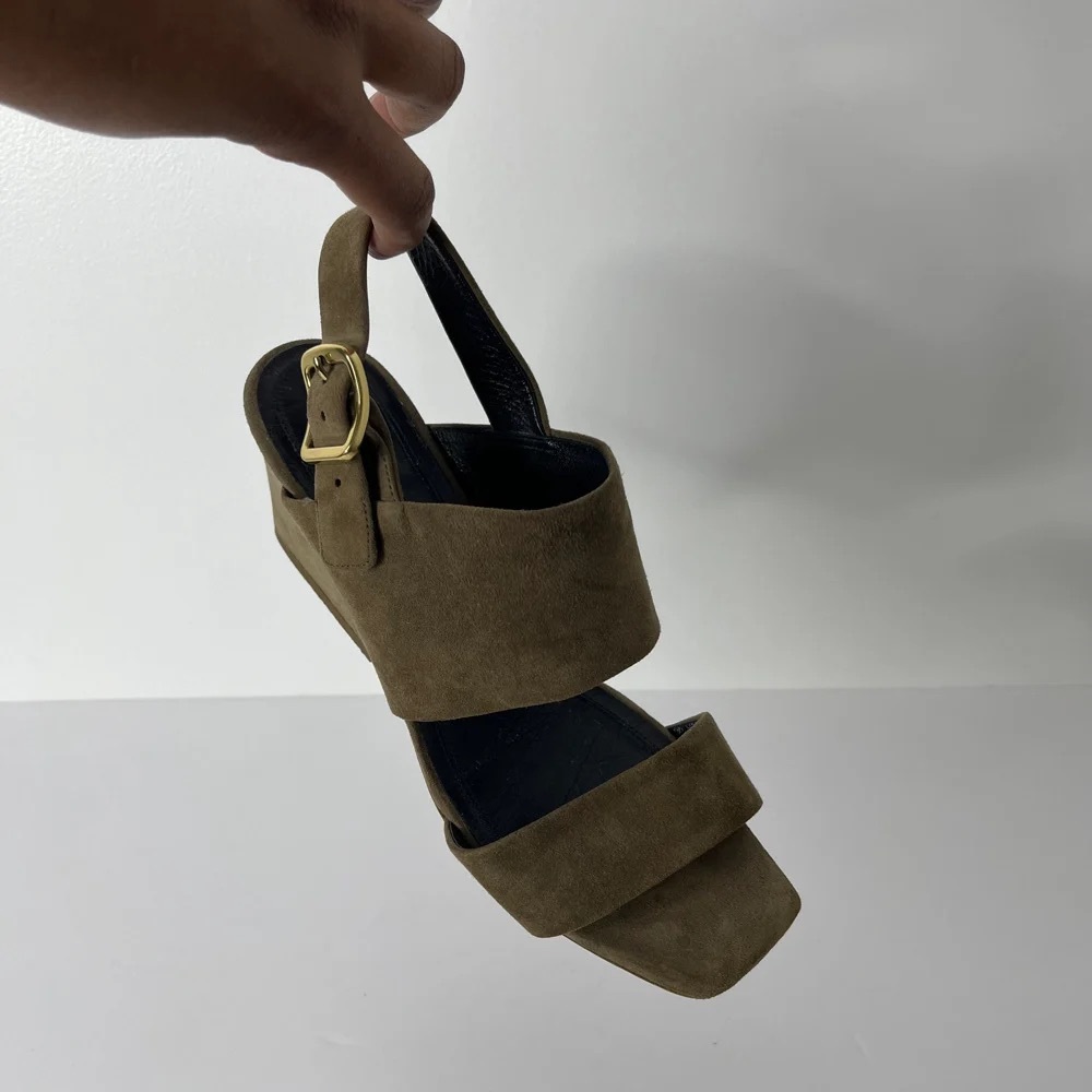 Celine Olive Suede Block Heel Sandals with Gold Buckle - Picture 4 of 6